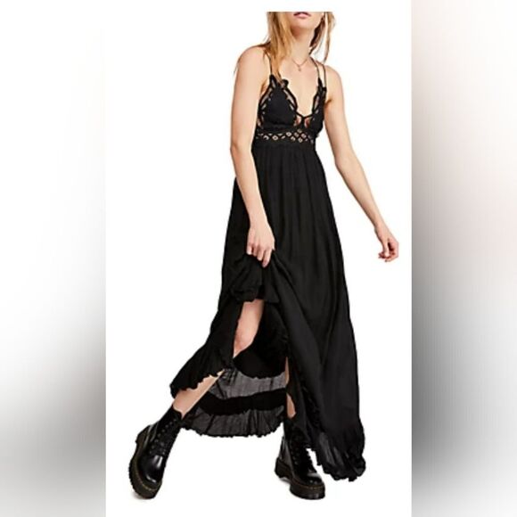 Free People Black Adella Lace Maxi Slip Dress Size S - Picture 1 of 13